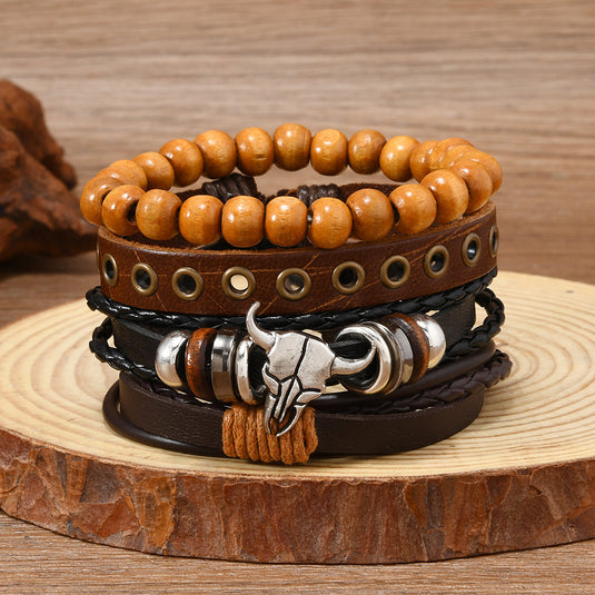 Bull head zinc alloy multi-layer leather DIY 4-piece men's bracelet
